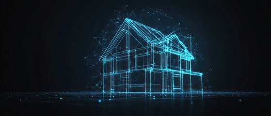A digital wireframe representation of a house in a dark, futuristic setting.