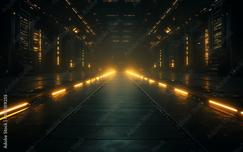 Aufkleber a dark corridor illuminated by glowing lines, creating a mysterious atmosphere in a futuristic, indu