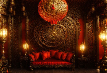 A lavish Chinese living room with intricate, hand-carved wooden furniture and rich, red silk cushions. The walls are adorned with ornate gold-leaf decorations