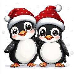 Fototapeta premium Charming Pair of Penguins Celebrating Christmas with Festive Hats : Generative AI