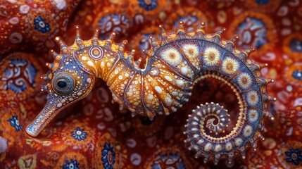 Obraz premium Vibrant Seahorse on Colorful Patterned Fabric Showcasing Intricate Details and Stunning Colors in a Captivating Underwater Scene