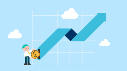 Businessman put coin on green arrow up value. Raising high standards of living and prices. Flat vector illustration.