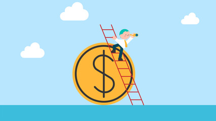 investment and stock market forecast or business profit concept, smart businessman leader climb up ladder on money coin with telescope look for vision.