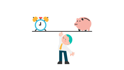 Time Finance. Business and Commercial Funding Solutions. time and money management. businessman balance a seesaw with clock and piggy bank.