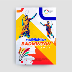 badminton sports concept poster design, vector illustration of a badminton athlete with a jumping smash. colored silhouette style design, grunge. badminton national sports day celebration design conce