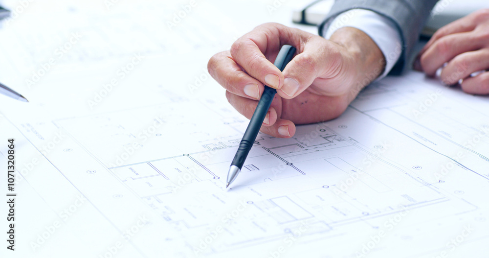 Poster architecture, person and hands on paper for planning, building blueprint and urban development in of