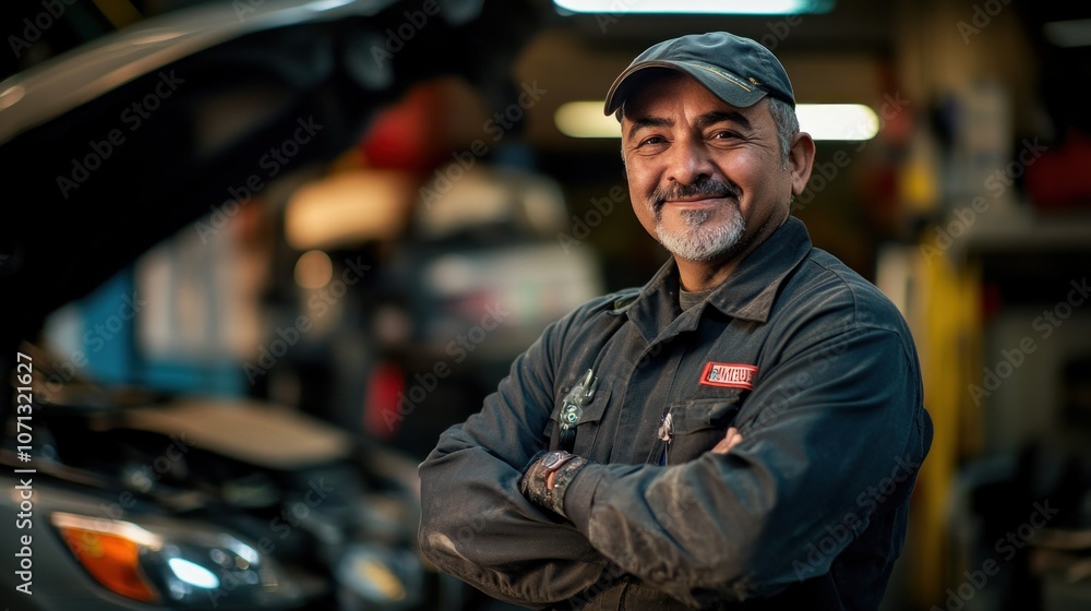 Poster a mechanic smiling confidently in a workshop with a car engine visible.