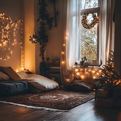 a bedroom with a bed and a christmas tree in the corner of the room with lights on the wall