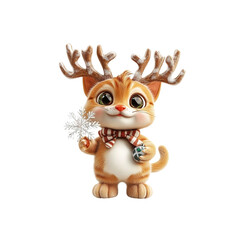 Cute Cartoon Cat Wearing Reindeer Antlers Holding a Snowflake and Ornament