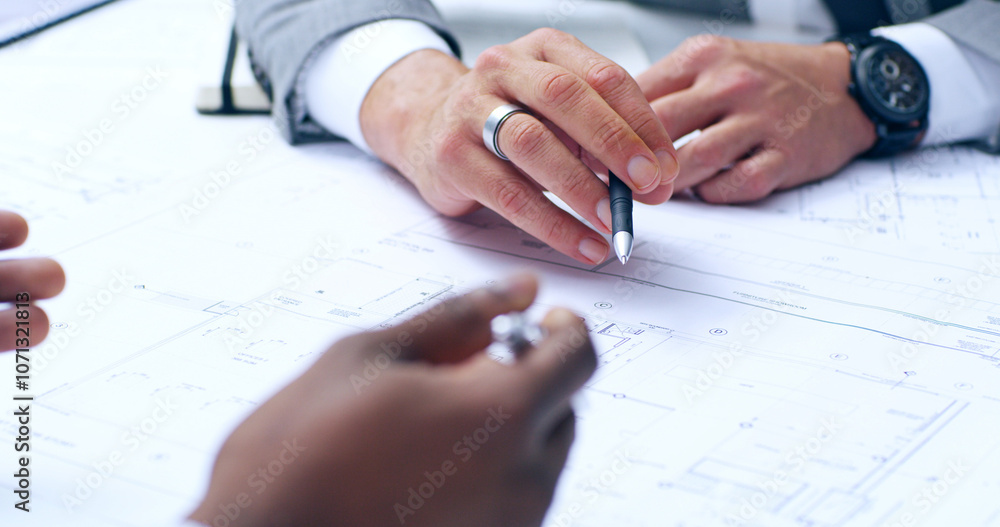 Poster architecture, people and hands on paper for planning, building blueprint and urban development in of