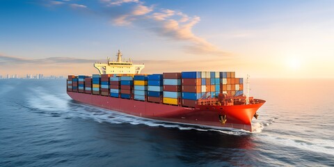 Large Cargo Ship Sails Along Calm Ocean at Sunset with Full Load of Shipping Containers
