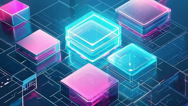Abstract background with isometric glass squares and holographic shapes in pastel blue, purple, and pink colors. Minimalistic 3D rendering of an abstract, futuristic tech concept in the style of Minim