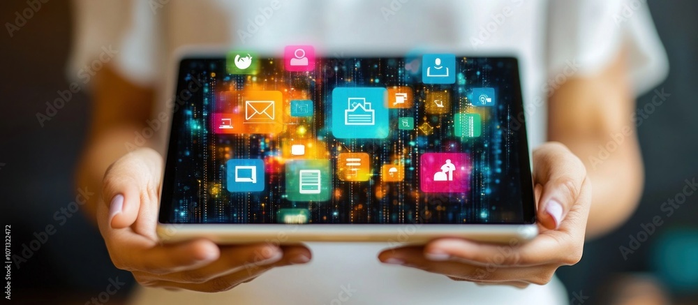 Canvas Prints woman's hands holding a tablet with colorful app icons floating above it.