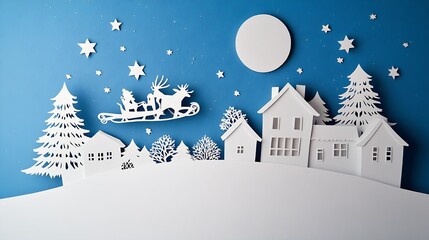 Fototapeta premium Santa Sleigh Silhouette Soars Above Winter Wonderland Village Under Starry Night Sky : Generative AI