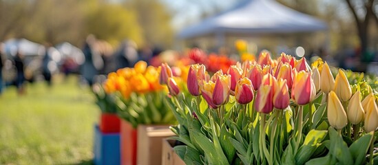 Colorful tulips for sale at a farmers market with a blurred background of people and a white tent.