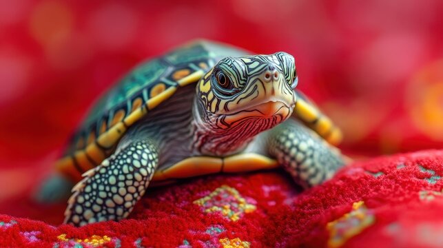 Vibrant Turtle Resting on Colorful Fabric with Intricate Patterns and Bright Red Background