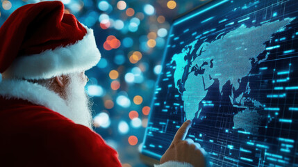 Cyber Christmas and Santa, Santa in red suit interacts with digital world map, surrounded by festive lights, showcasing blend of tradition and technology during holiday season