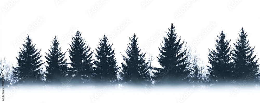 Poster foggy pine tree silhouette arrangement in serene winter setting : generative ai