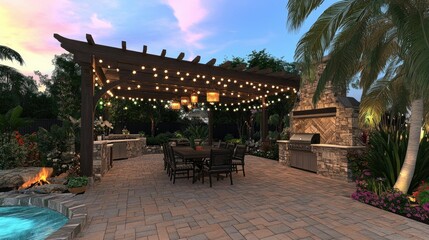 Obraz premium Elegant Outdoor Patio with String Lights and Grill