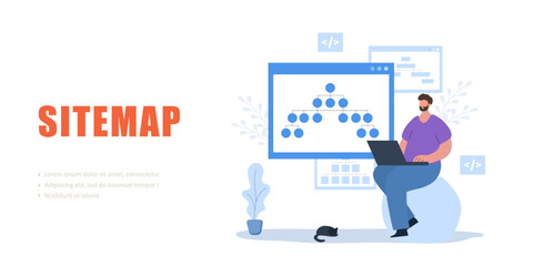 Sitemap concept. Landing page template. Website creation tool. Male developer with laptop. Online software and web page structure. Vector illustration.