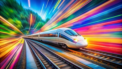 Fototapeta premium Whimsical Cartoon Doodle of a High-Speed Bullet Train in Motion with Long Exposure Effects, Showcasing Vibrant Colors and Dynamic Trails for a Playful Artistic Touch