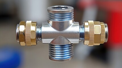Close-up of a silver cross-shaped pipe fitting with threaded ends and brass compression nuts.