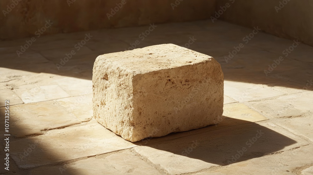 Poster sunlit stone block on simple floor surface