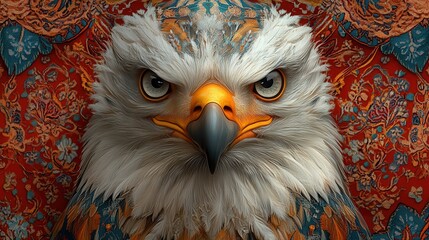 Majestic Eagle with Intricate Feathers Against Ornate Patterned Background in Vibrant Colors