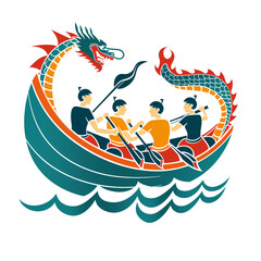 Dragon Boat Race with Rowers in Colorful Outfit
