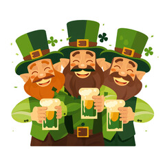 Cheerful leprechauns celebrating with drinks