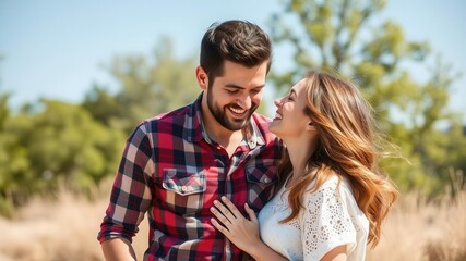 Fototapeta premium Happy young couple in love laughing and enjoying a sunny day outdoors in a beautiful natural setting, love, fun, joy