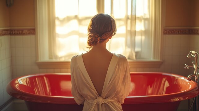 Woman in white robe stands in front of a red bathtub with a window behind her.