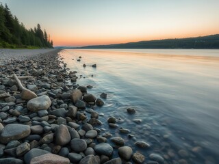 Obraz premium Scenic view of forest river with smooth stones on shores during sunset, shores, stones, nature