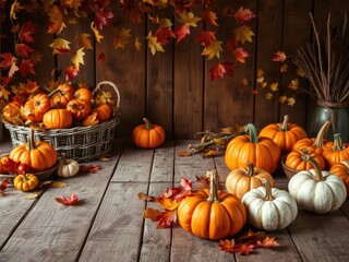 Thanksgiving pumpkins surrounded by a variety of colorful fruits and falling leaves on a rustic wooden table, falling leaves, harvest, traditional