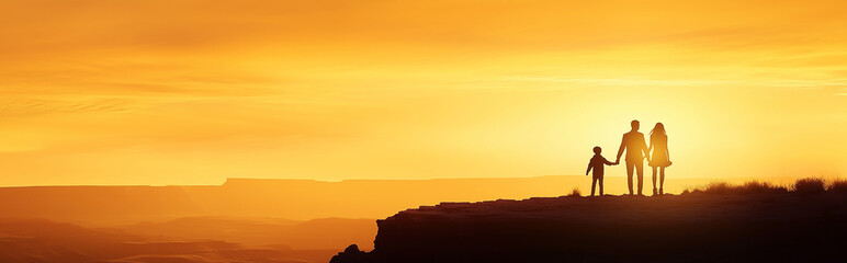 Fototapeta premium Newlywed couple standing hand in hand on a hilltop with a breathtaking landscape in the background. Perfect composition, silhouette shot during sunset, capturing love and tranquility.