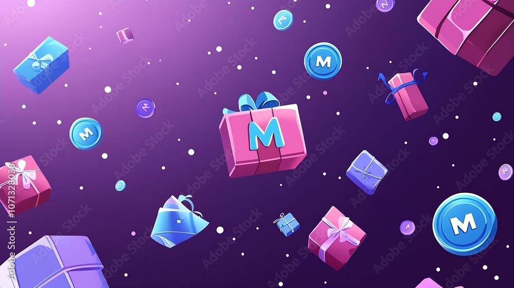 Poster assorted gift boxes with cosmic coins on a digital purple background : generative ai