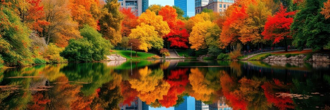 Vibrant autumn foliage surrounding the tranquil pond in Boston Public Garden, serene, fall, reflection