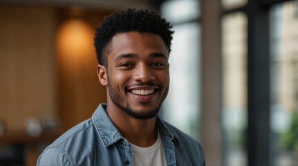 Obraz premium Smiling cheerful young adult african american ethnicity man in casual attire looking at camera standing at home office background. Happy confident black guy headshot face front close up portrait
