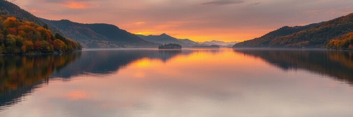 Fototapeta premium Vibrant colors of autumn foliage reflecting in the calm waters of Hintersee lake at sunset, tranquil, reflection, landscape