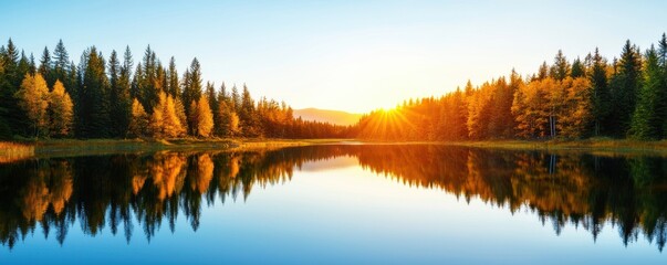 Obraz premium A serene landscape featuring a tranquil lake reflecting vibrant trees and a bright sunset, creating a peaceful natural scene.