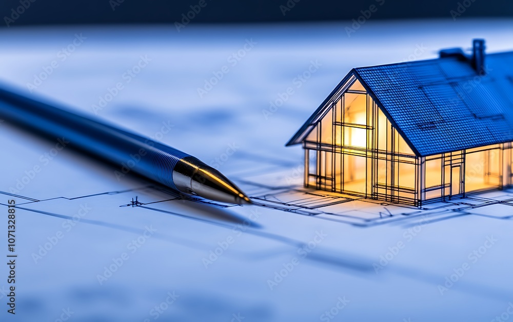 Poster a blueprint-style image featuring a glowing house model beside a silver pen, symbolizing architectur