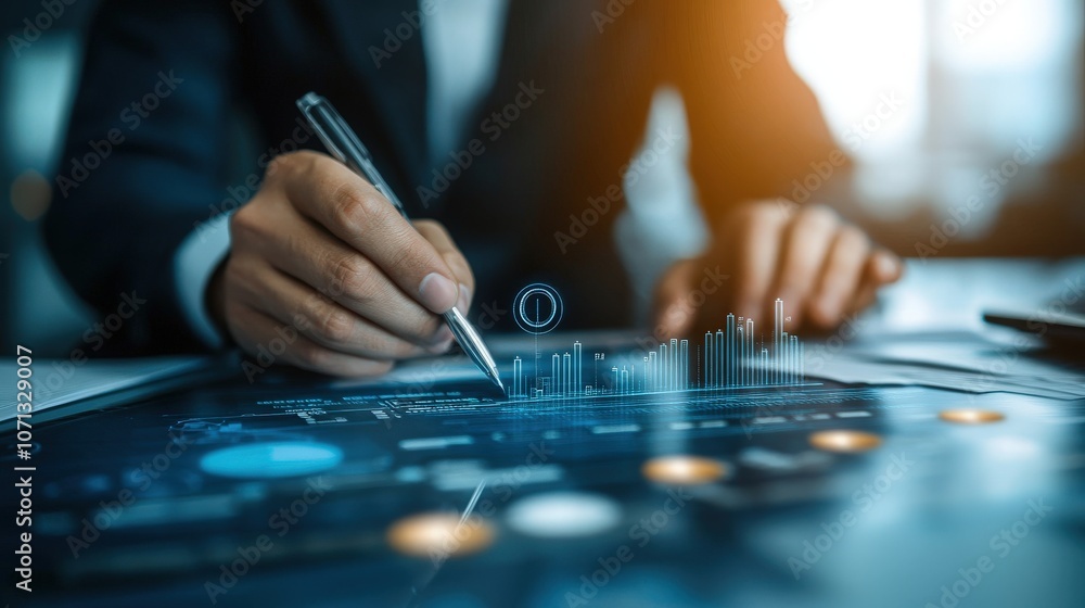 Poster business professional analyzes data trends using advanced technology
