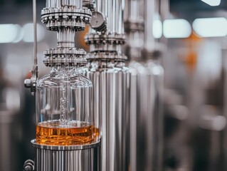 A distillation apparatus with shiny metal components and an amber liquid flowing through glass, highlighting the process of separation and purification.