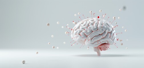 A creative representation of a human brain surrounded by abstract particles, showcasing innovation and cognitive processes on a white isolated background.