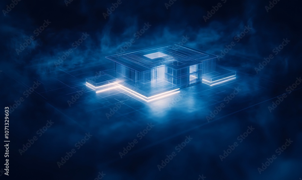 Poster a futuristic, illuminated structure emerges from a blue fog, highlighting a blend of technology and 