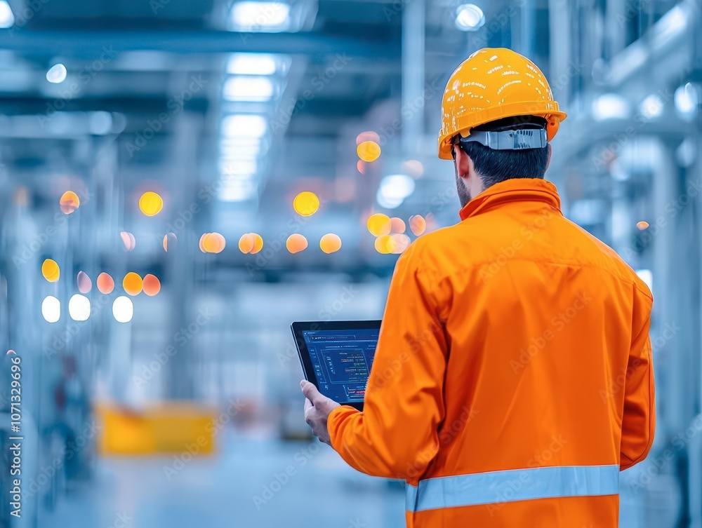 Poster a construction worker in an orange jacket and helmet monitors data on a tablet in a modern industria