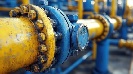 Close-up of yellow and blue industrial pipes with a pressure gauge.
