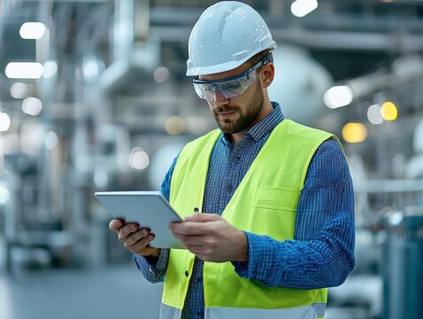 A worker in protective gear examines a tablet in an industrial setting, reflecting a blend of safety and technology in the workplace.