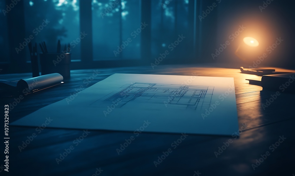 Poster a dark, atmospheric workspace featuring a sketch on paper illuminated by a warm light, surrounded by