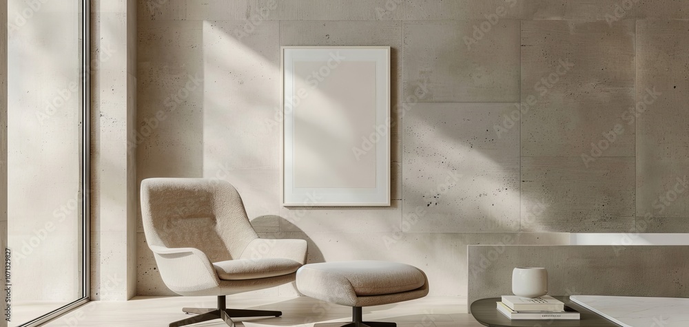 Poster a modern and minimalist interior featuring a cozy armchair and an ottoman, with natural light filter